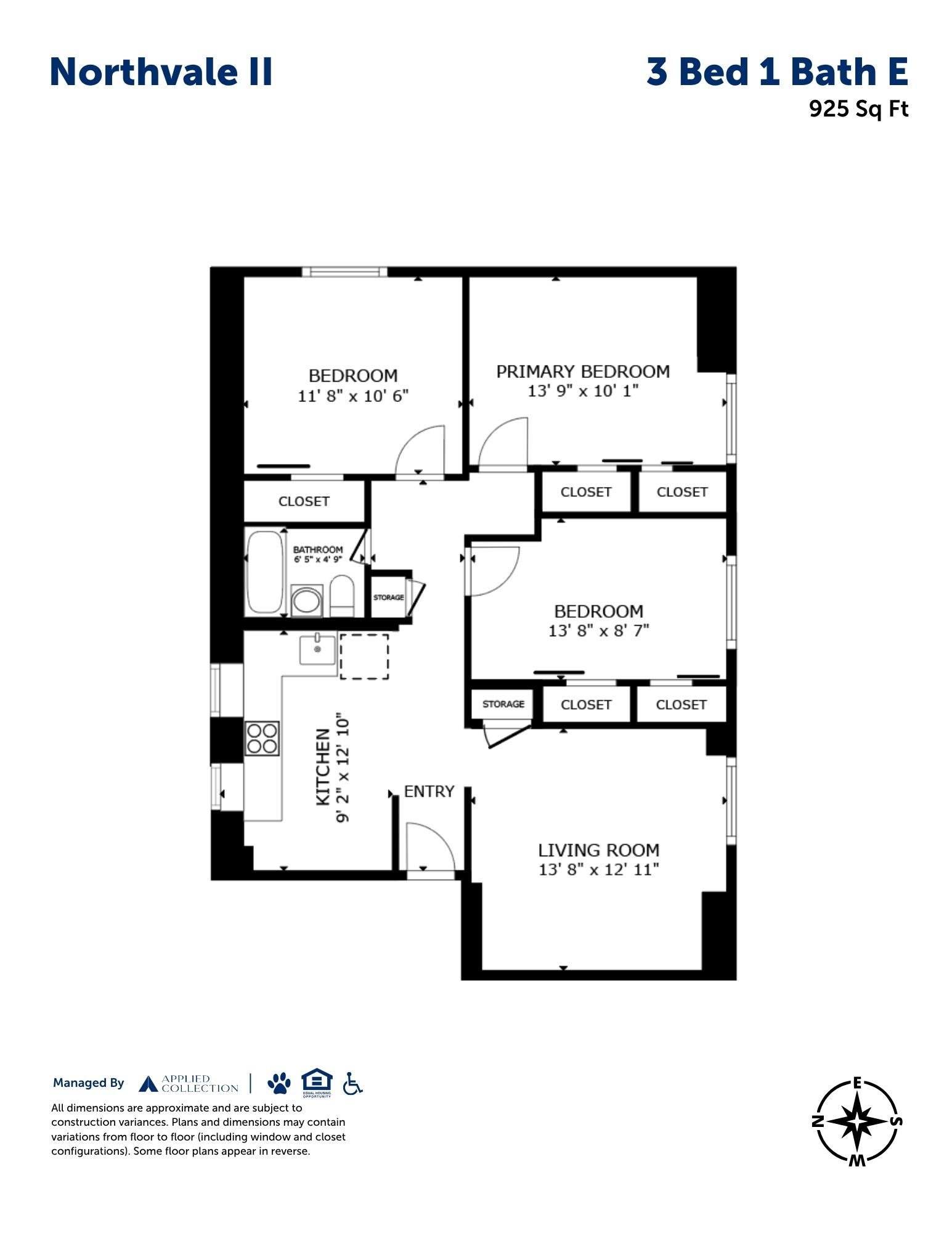 Floor plan for 3 beds, 1 bath, 925 sqft